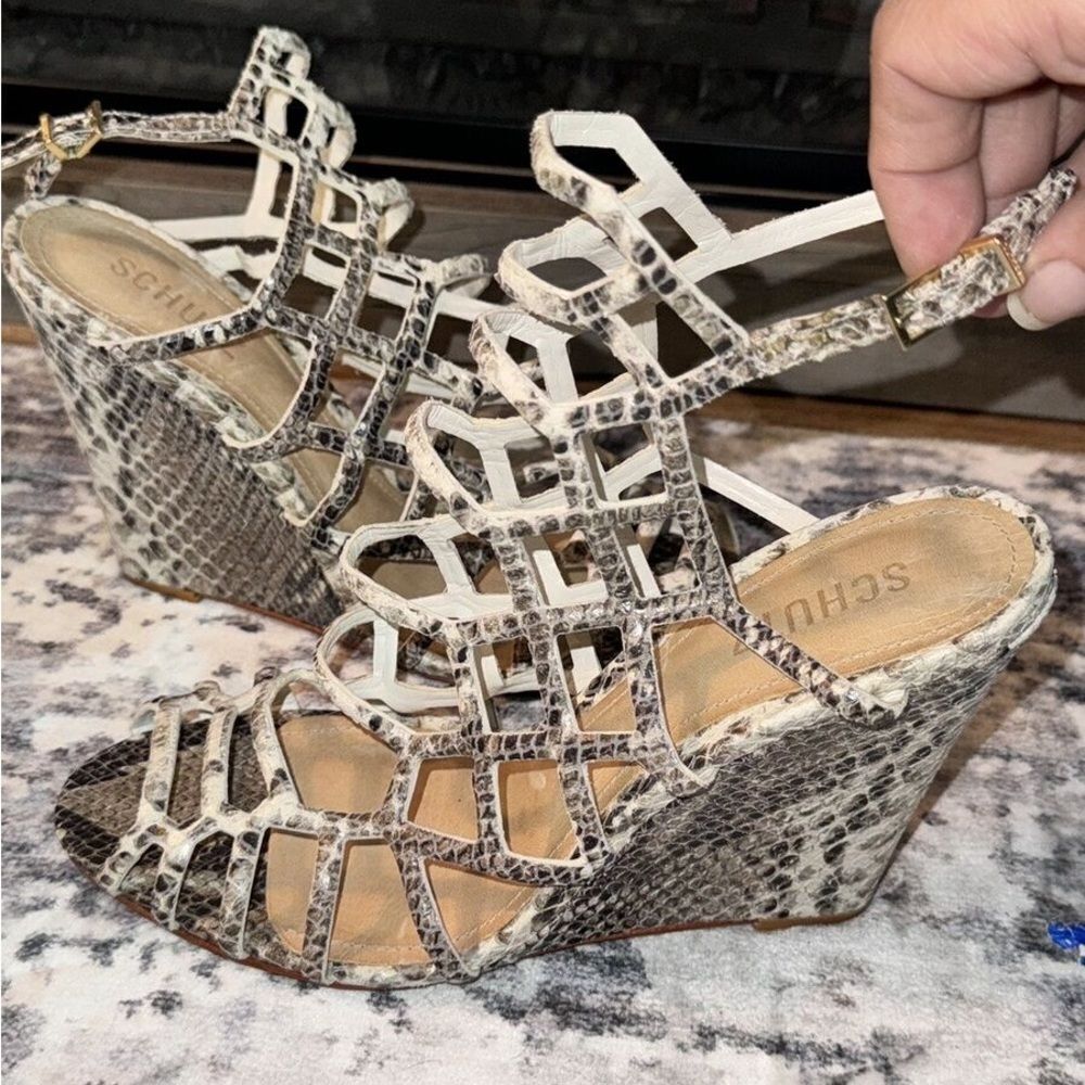 Schutz Python Snakeskin Wedge Sandals Size 10 | Exotic Luxe Statement Heels - Picture 7 of 7